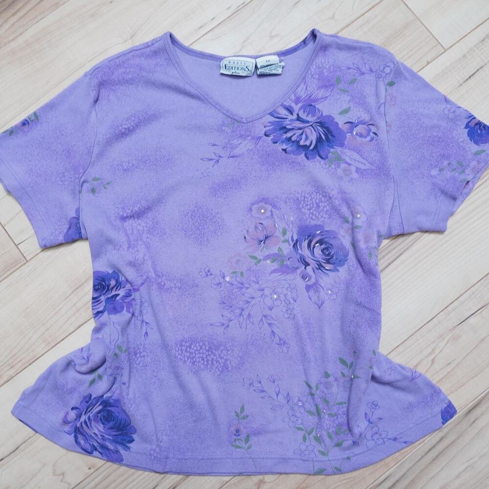 Vintage Lavender Floral Rose Print V-Neck Tee Cottagecore Romantic 1X Y2K